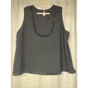 Ann Taylor Women’s XL Black Sleeveless Top Trimmed with Embroidered Mini-Tassels